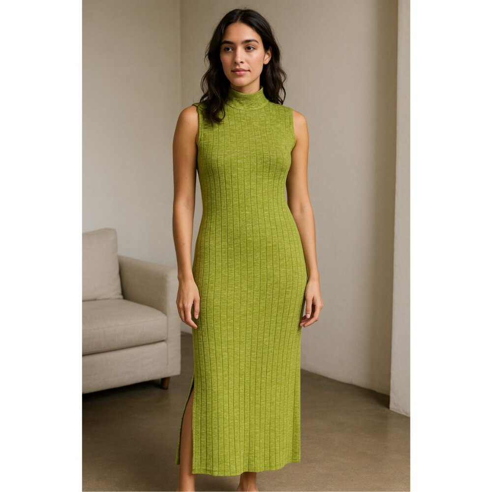 Sleeveless Mock Neck Ribbed Maxi Dress in Olive Green